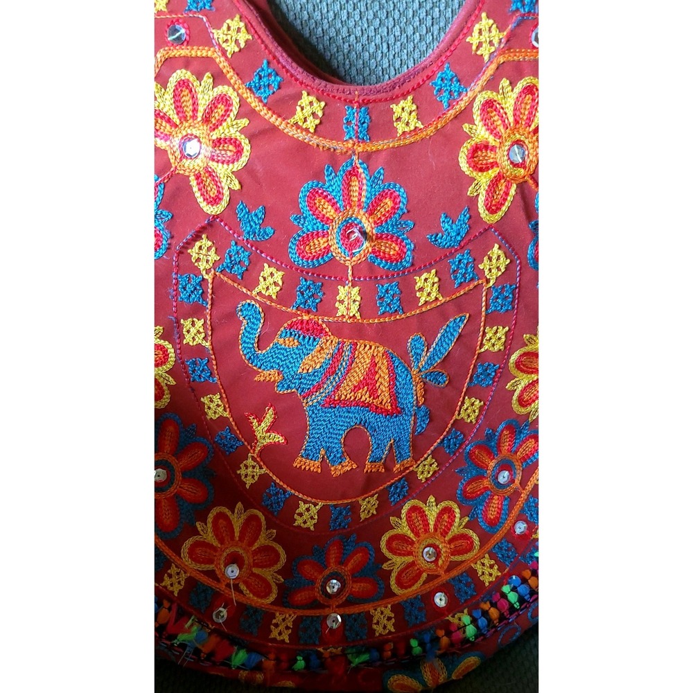 NWOT Bohemian Embroidered Elephant Mirror Work Red Cotton Hobo Shoulder Bag Tote